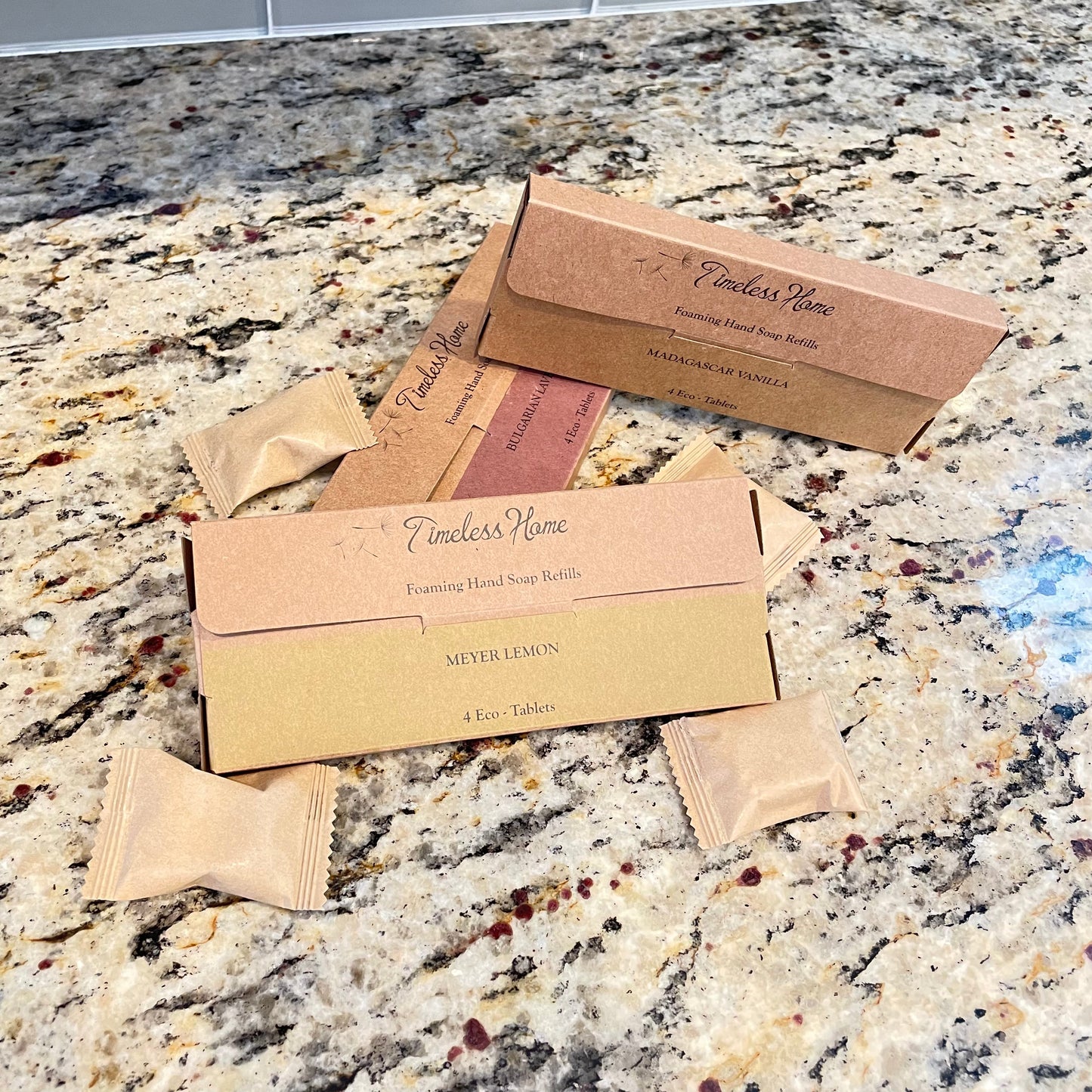 Timeless Organics Skin Care Eco Tab hand soap refill pack with Bulgarian lavender, eco-friendly and biodegradable packaging.