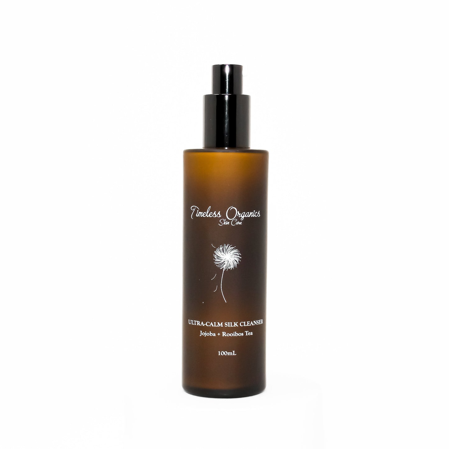 Timeless Organics Skin Care Ultra-Calm Silk Cleanser in a white pump bottle with gentle skincare formulation.