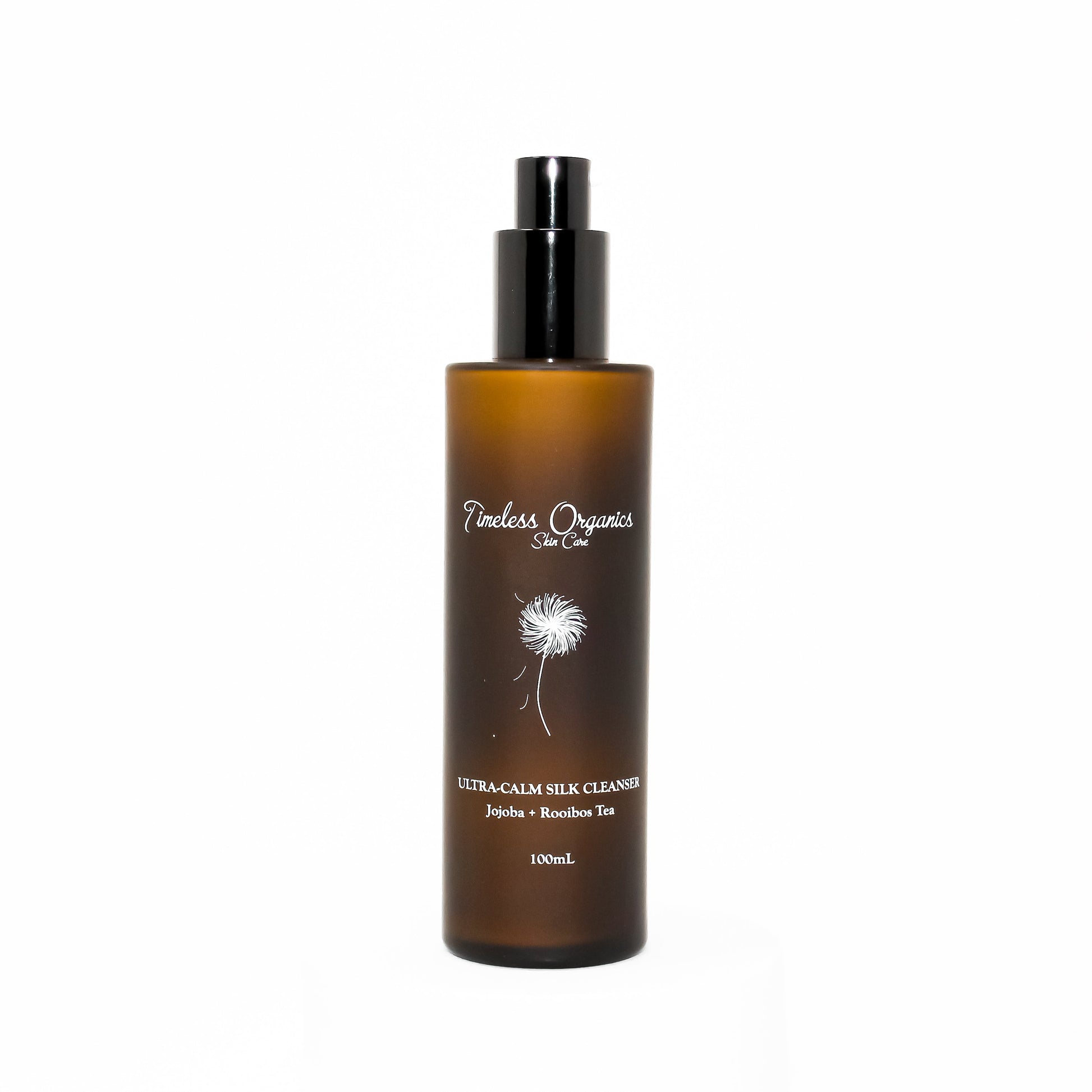 Timeless Organics Skin Care Ultra-Calm Silk Cleanser in a white pump bottle with gentle skincare formulation.