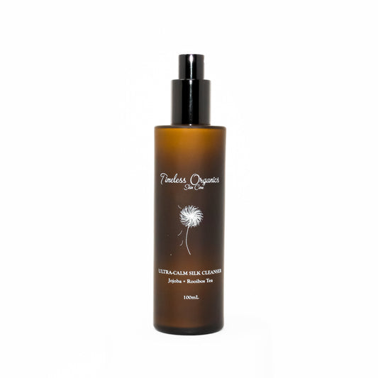 Timeless Organics Skin Care Ultra-Calm Silk Cleanser in a white pump bottle with gentle skincare formulation.