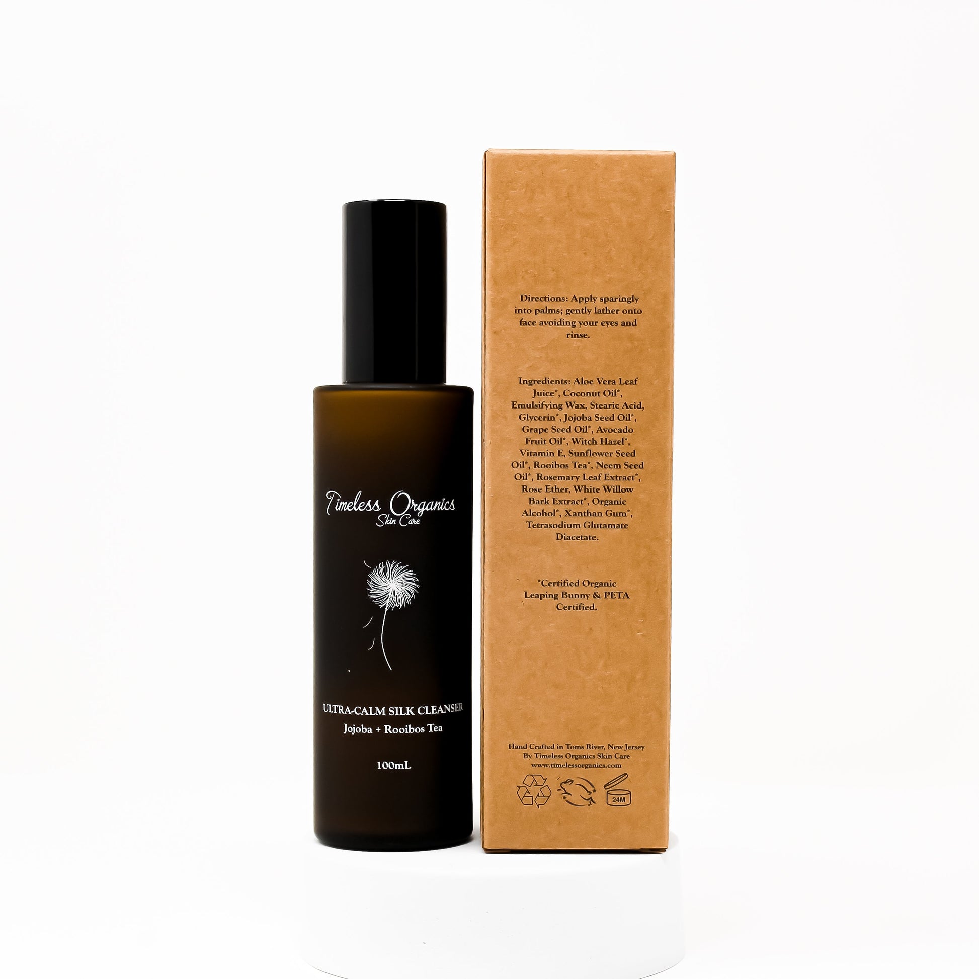 Timeless Organics Skin Care Ultra-Calm Silk Cleanser in a sleek bottle, designed for gentle cleansing and soothing skin.