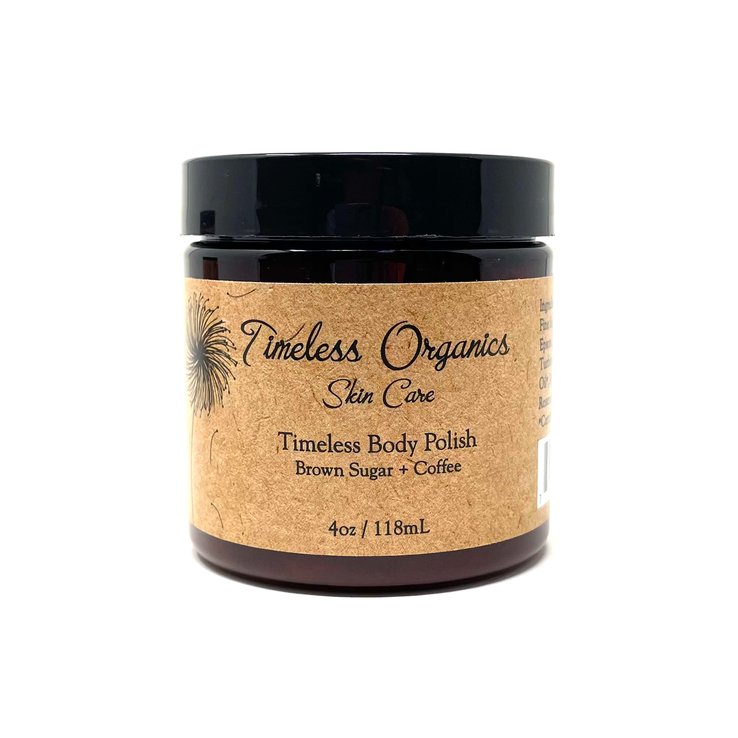 Coffee and mocha body polish scrub by Timeless Organics Skin Care with natural exfoliating texture and coffee bean ingredients.