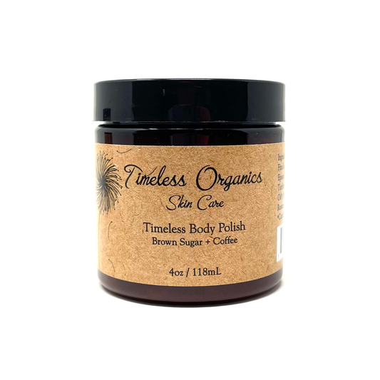 Coffee and mocha body polish scrub by Timeless Organics Skin Care with natural exfoliating texture and coffee bean ingredients.