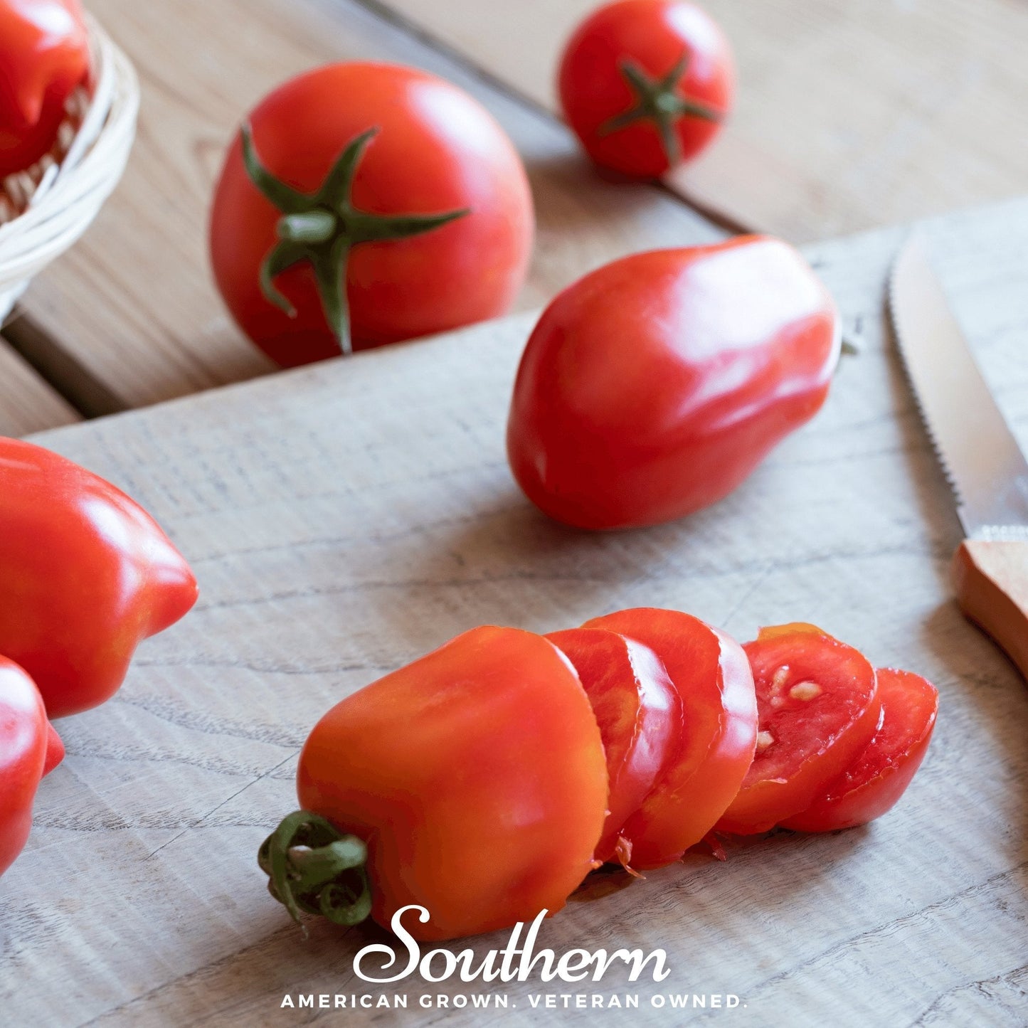 San Marzano tomato seeds from Southern Seeds, showcasing vibrant ripe tomatoes and seed packaging for planting.