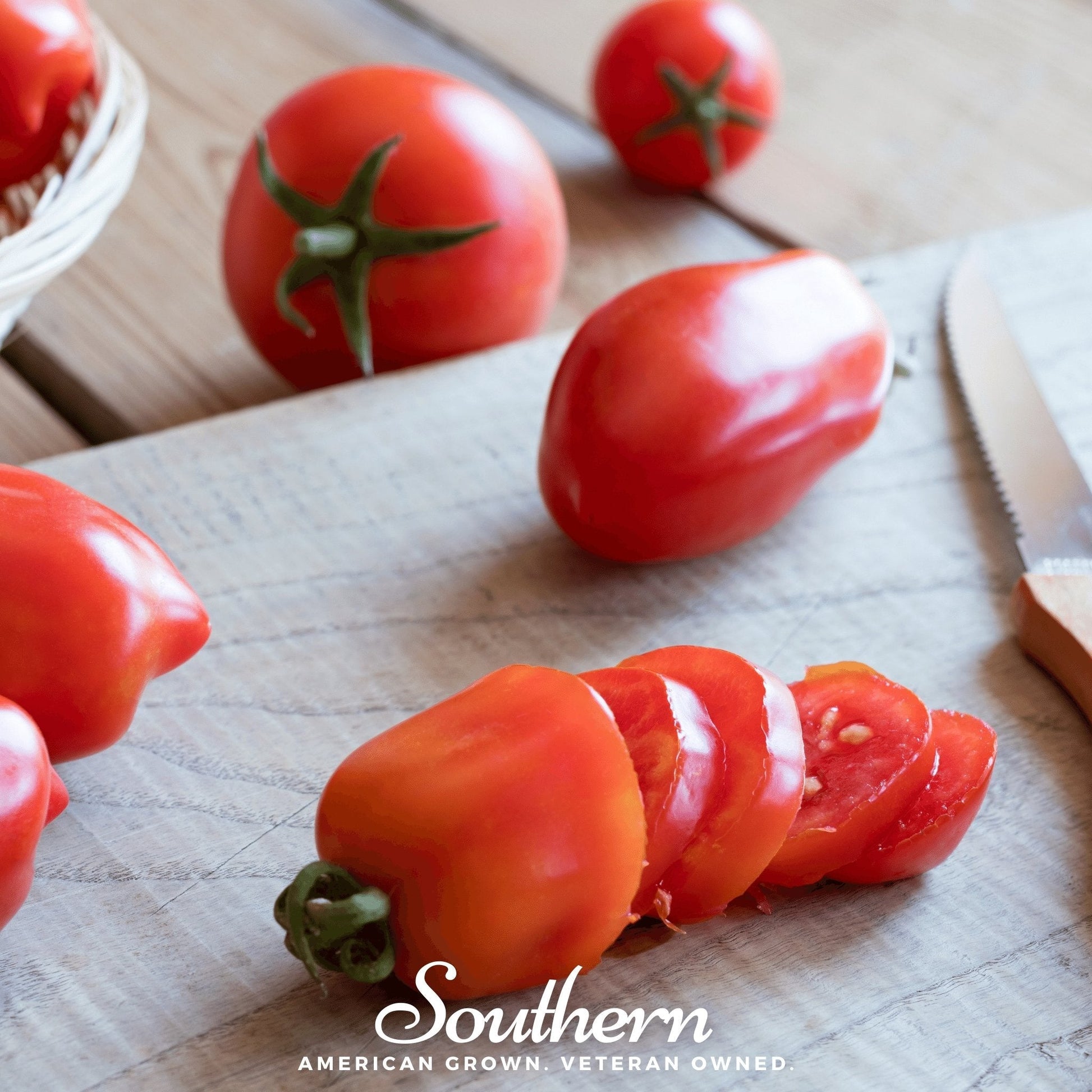 San Marzano tomato seeds from Southern Seeds, showcasing vibrant ripe tomatoes and seed packaging for planting.