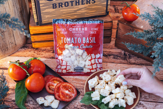 Fresh Tomato Basil Cheese Curds by Cheese Brothers, Inc., showing creamy cheese curds infused with tomato and basil herbs.