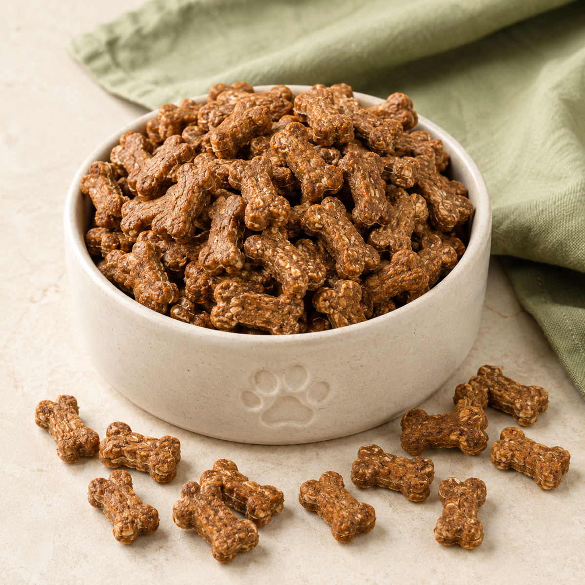 Organic peanut butter dog training treats from PAWsitively Organic Dog Bakery, shown in a professional display, ideal for training pets.