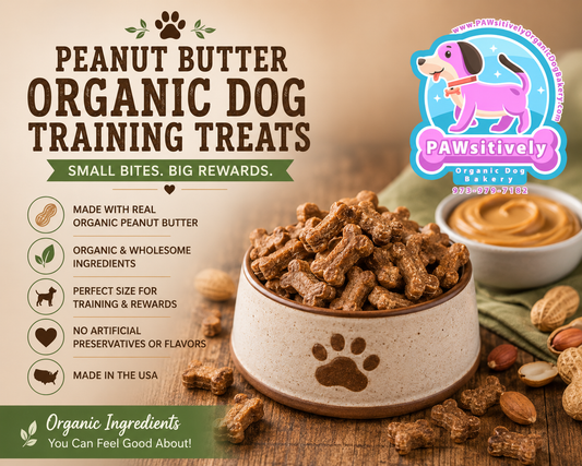 Organic peanut butter dog training treats from PAWsitively Organic Dog Bakery, shown in a scene with treats and a dog.