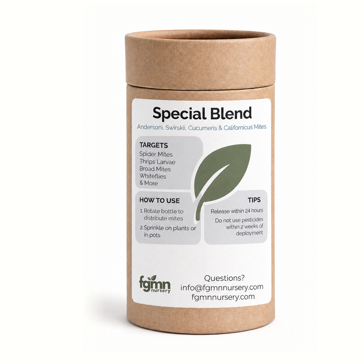 FGMN Nursery Special Blend Predatory Mite Mix Treatment bottles for pest control in gardens and agricultural use.