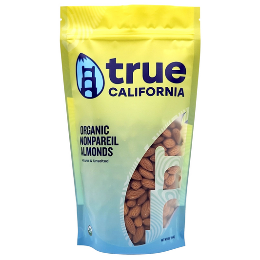 Organic Nonpareil Almonds by True California, one-pound bag of whole, crunchy almonds with smooth, light-colored shells.