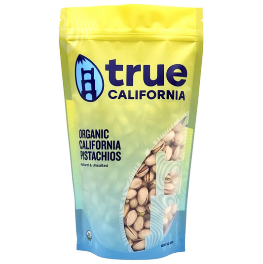 True California organic pistachios, natural and unsalted, in a clear 1 lb package showing pistachios inside