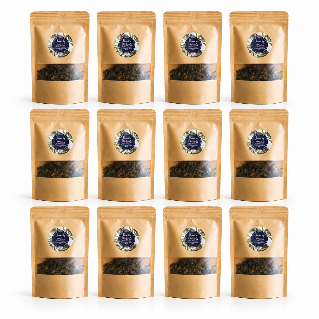 Twelve DIY Quart size Elderberry Syrup kits from Blessed by Elderberries, all-natural tea-making set with ingredients and instructions.