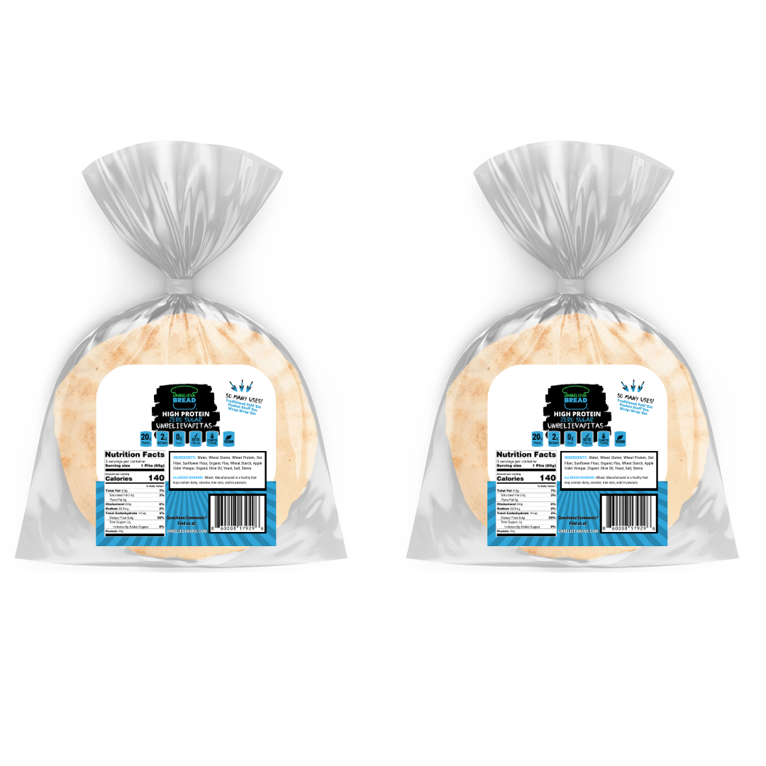 Two bags of Unbelievabuns UnbelievaPitas, high protein low-carb pita breads, with six breads per bag, displayed in the image.