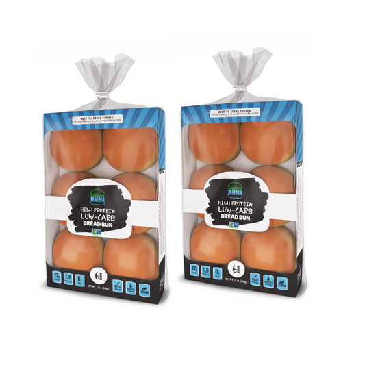 Two bags of UnbelievaBuns high protein, low carb bread buns with 12 total buns, featured in a fitness and nutrition product image.