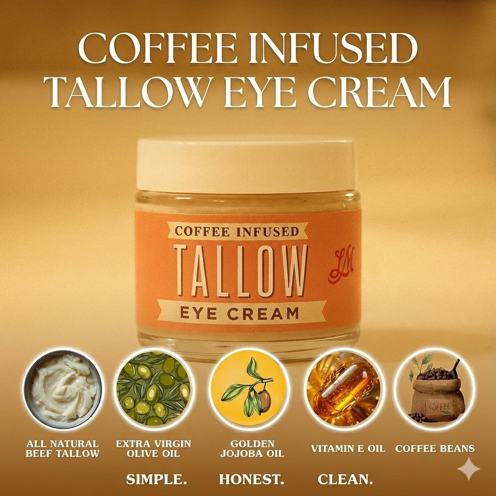 Lady May Coffee-Infused Tallow Eye Cream in a jar, showing brightening and revitalizing skincare benefits.