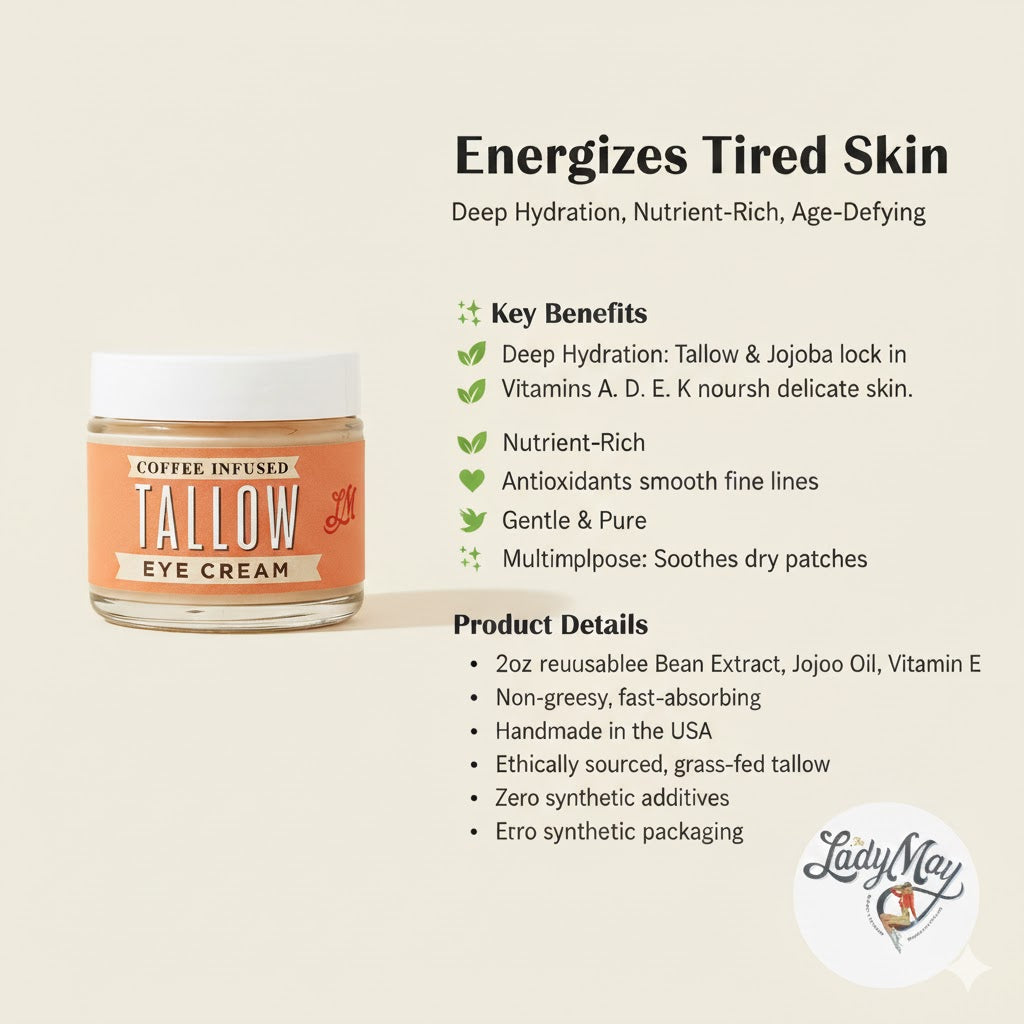 Lady May Coffee-Infused Tallow Eye Cream in a jar, showing brightening and revitalizing skincare for eyes and face.
