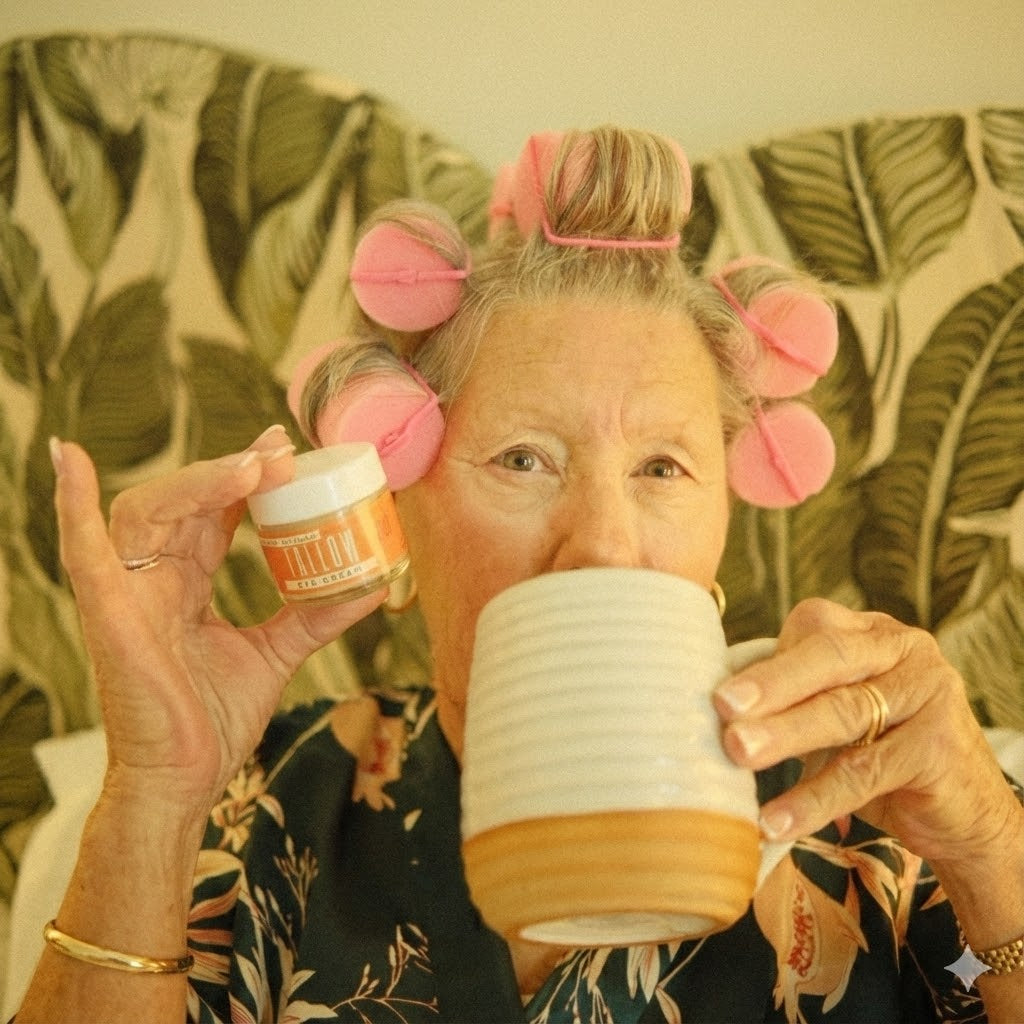 Lady May Tallow Natural Tallow Eye Cream with caffeine, showing the cream in a small jar with a smooth texture and natural ingredients.