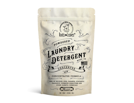 Unscented powdered laundry detergent by Roots and Leaves LLC, natural laundry detergent product in a clear container.