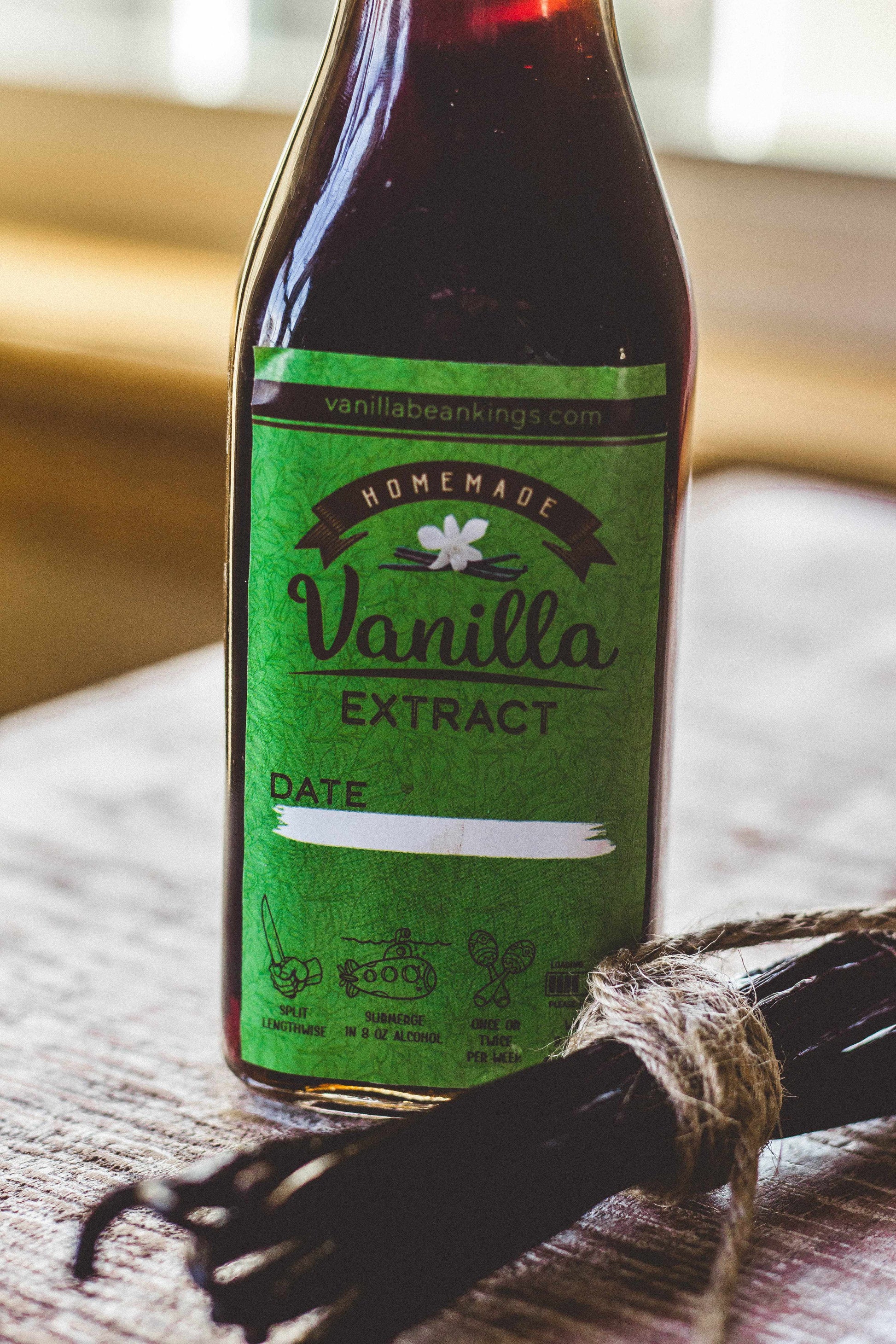 Homemade vanilla extract kit with organic Madagascar vanilla beans from Vanilla Bean Kings, showing vanilla beans and extraction tools.