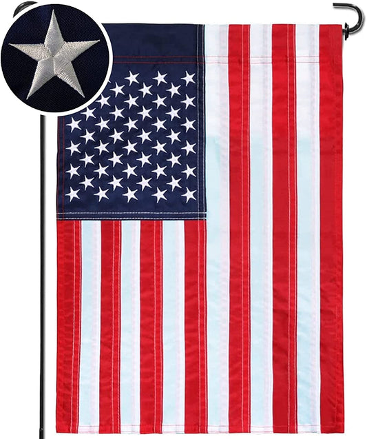 U.S. Garden Flag by Flagman of America featuring patriotic American flag design, made in the USA, suitable for outdoor display.