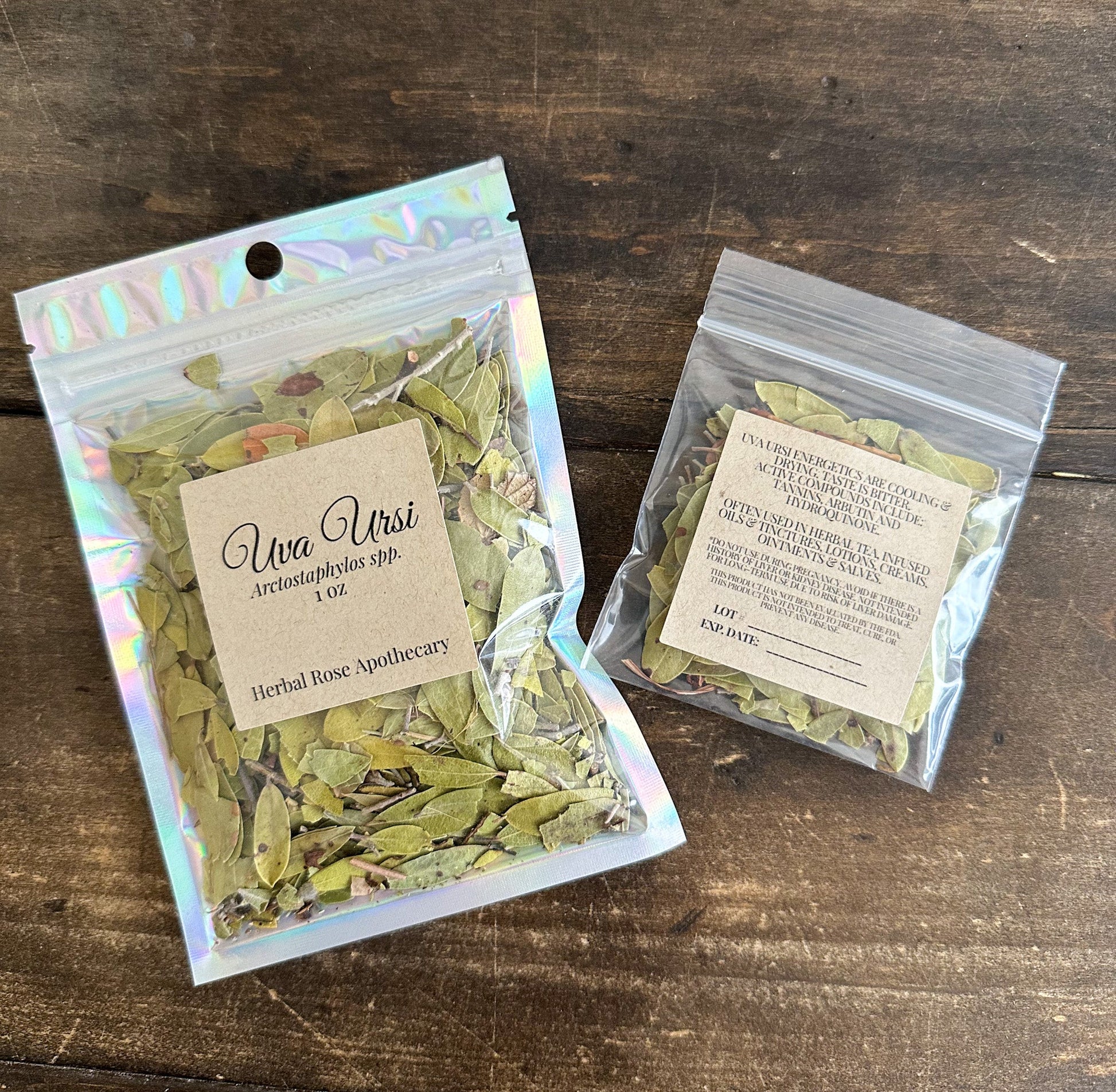 Dried Uva Ursi leaves in a labeled herbal supplement jar from Herbal Rose Apothecary.