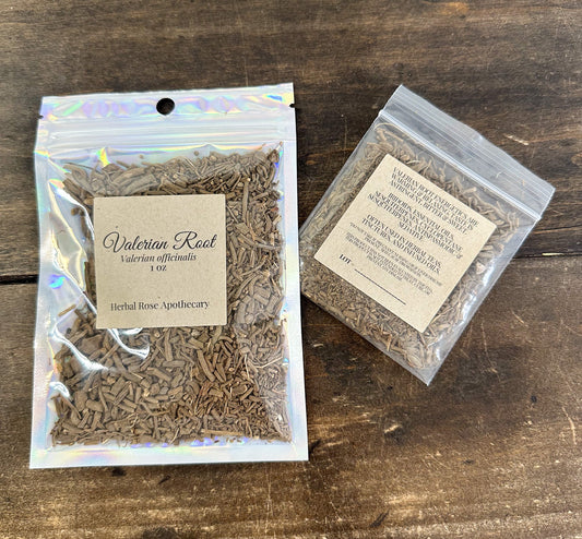 Dried valerian root herbs from HerbalRoseApothecary, showing whole, earthy-colored roots with a textured surface.