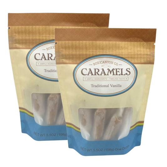 Pack of two boxes of Boxicanyon Vanilla Caramels with 12 caramel candies each, showcasing creamy vanilla flavor and caramel texture.