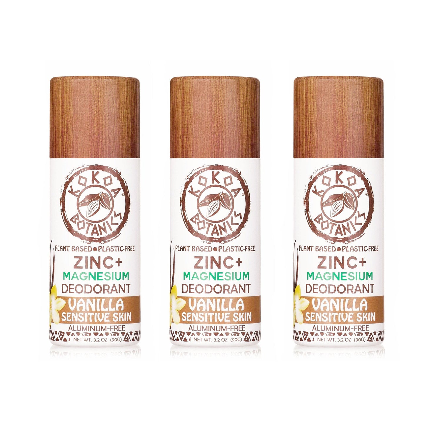 Three natural KOKOA BOTANICS deodorants in vanilla scent, aluminum-free, displayed in a 3-pack.