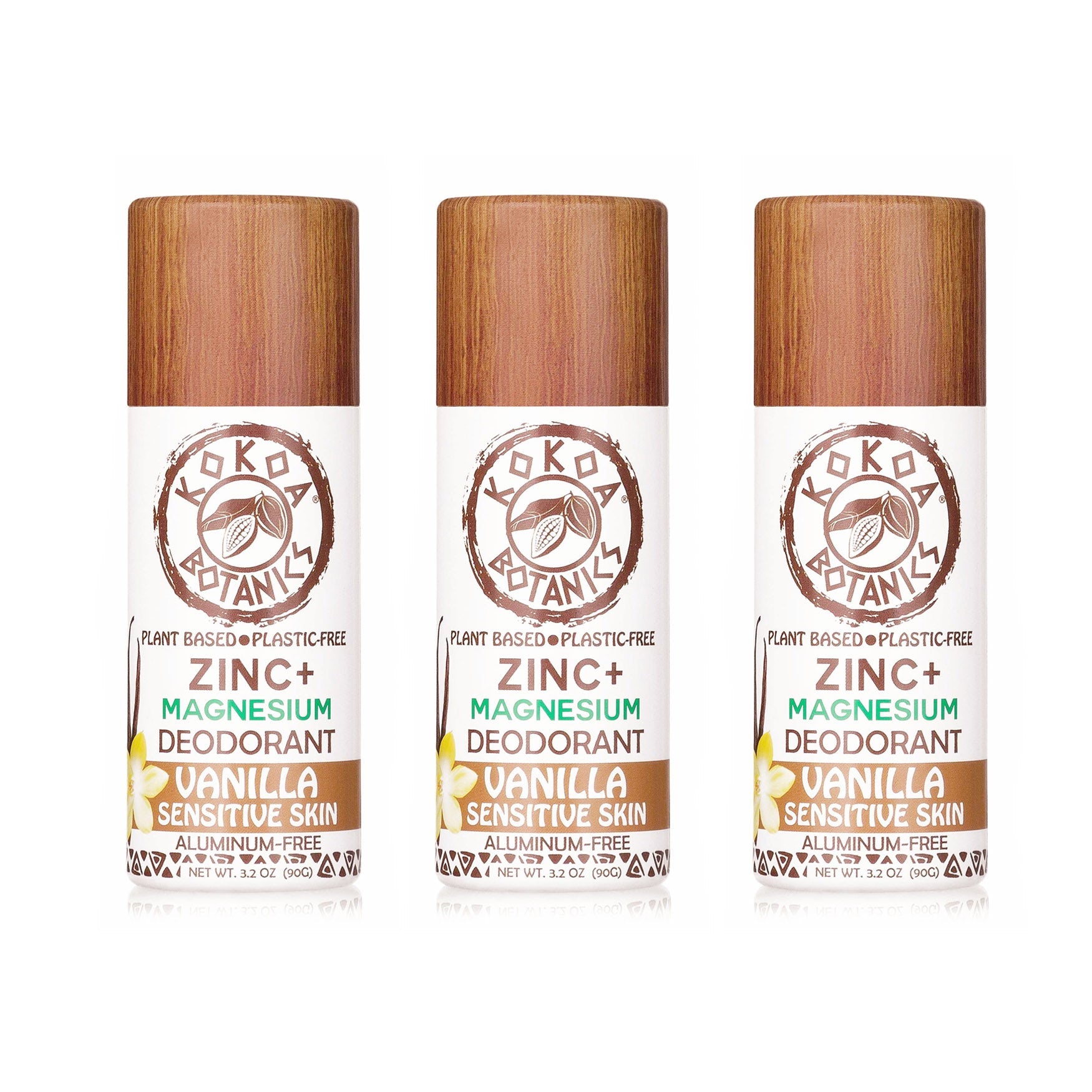 Three natural KOKOA BOTANICS deodorants in vanilla scent, aluminum-free, displayed in a 3-pack.
