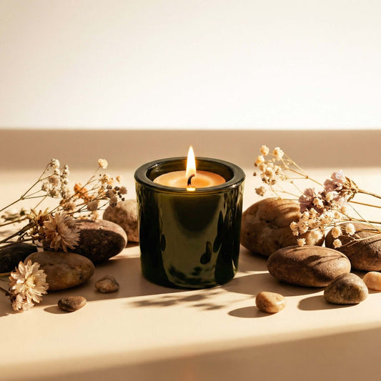 Vintage green votive candle holder with Bluecorn Candles pure beeswax votive candles, showcasing a rustic and natural decor style.