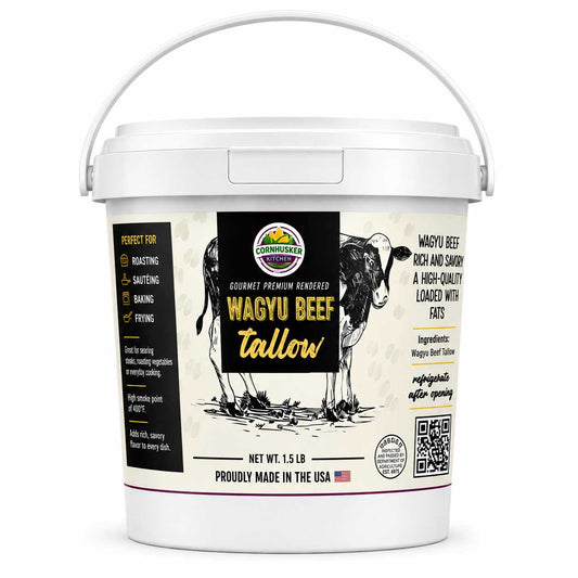 Rendered Wagyu beef tallow in a container from Cornhusker Kitchen, 1.5 lb, ideal for cooking and flavoring.