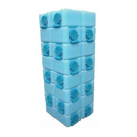 Stack of eight WaterBrick storage containers by Heaven's Harvest, durable plastic water and food storage bins.