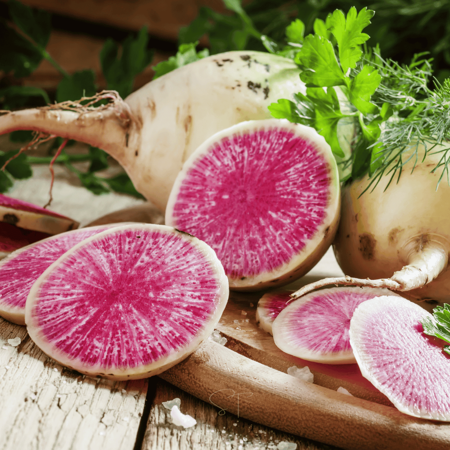 Packet of Watermelon Radish seeds from Southern Seeds, showing vibrant pink and green radish seeds in a clear packet.