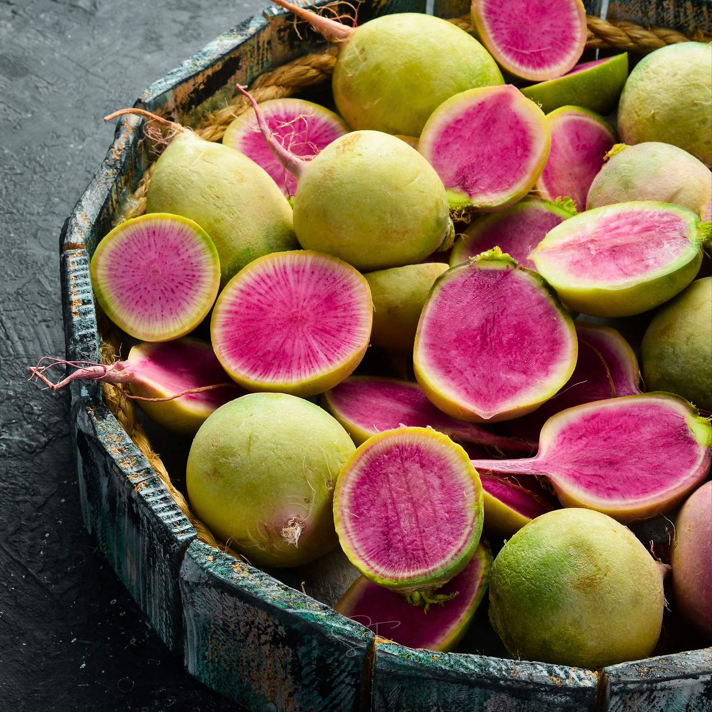 Watermelon Radish seeds packet from Southern Seeds, showing vibrant radish bulbs and fresh seeds for planting.