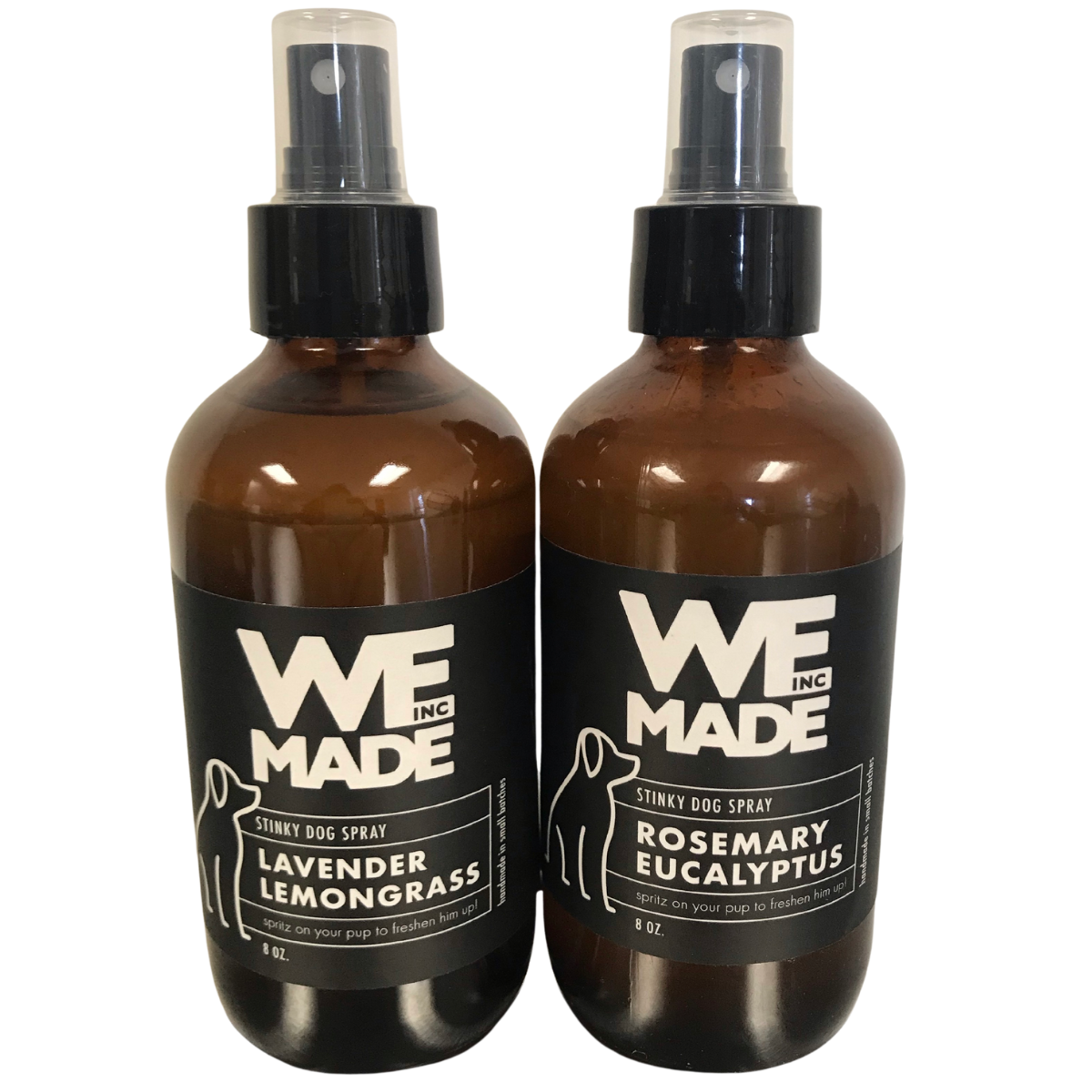WE Made Lavender Lemongrass Stinky Dog Spray bottle showing the label and spray nozzle, designed to neutralize pet odors.