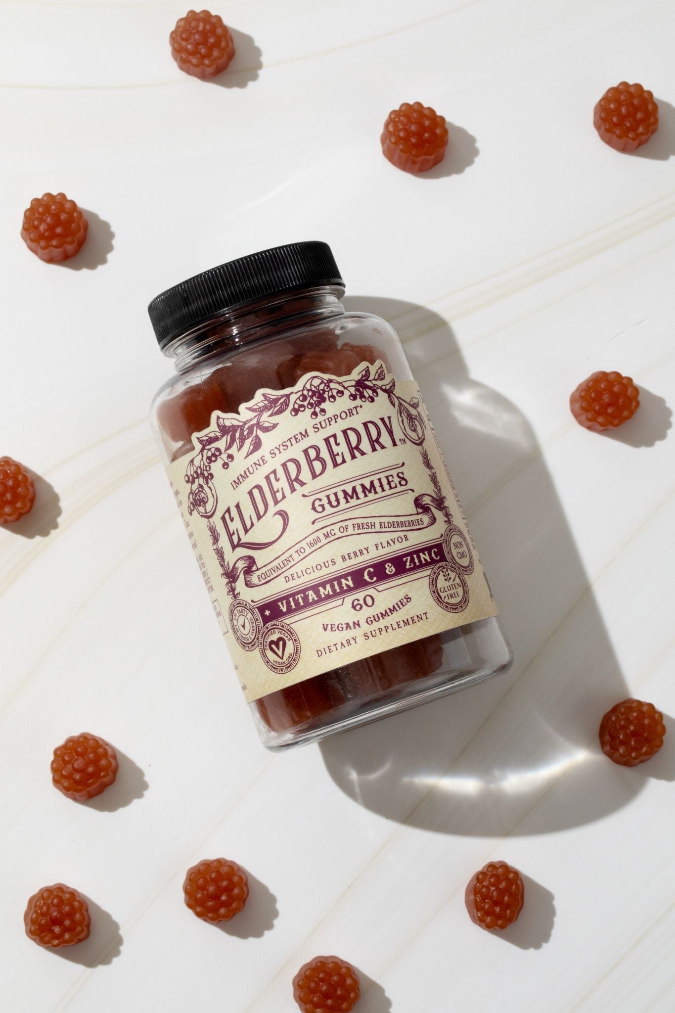 Elderberry gummies with vitamin C and zinc by Roots and Leaves LLC, showing colorful berry-flavored chewable supplements.