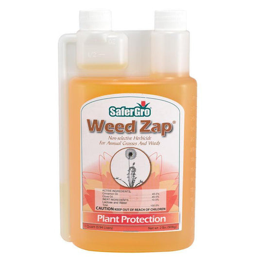 Grow Organic Weed Zap quart pest control bottle for effective weed and pest management in gardens.