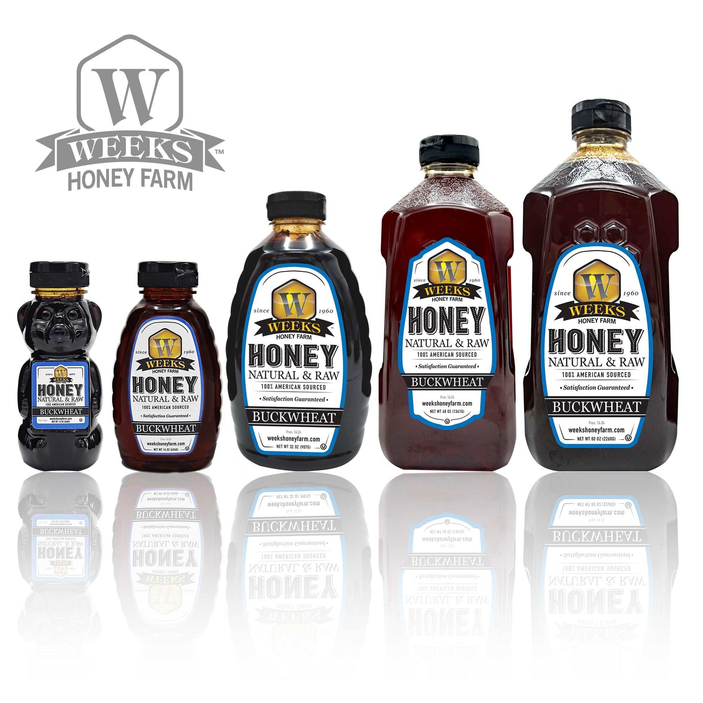 Weeks Raw Buckwheat Honey in a jar, showcasing dark, robust honey with molasses flavor, ideal for coffee, waffles, and BBQ sauce.