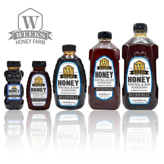 Weeks Raw Buckwheat Honey in a jar, showcasing dark, robust honey with molasses flavor, ideal for coffee, waffles, and BBQ sauce.