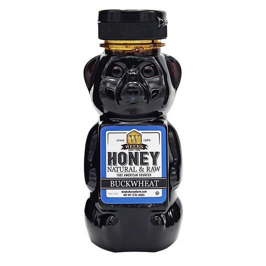Weeks Raw Buckwheat Honey in a 12-ounce jar, pure, antioxidant-rich honey with dark, robust molasses flavor for coffee, waffles, and BBQ sauce