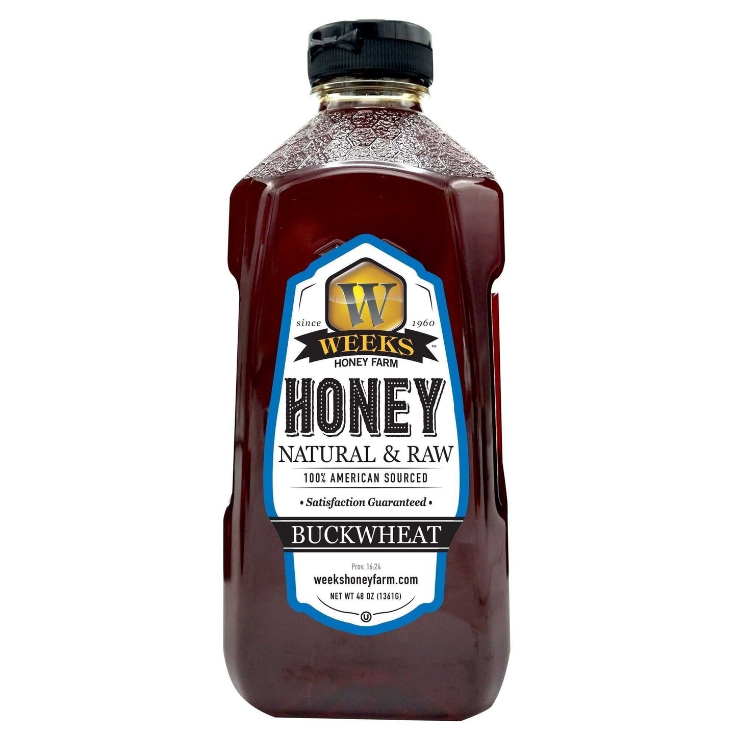Weeks Raw Buckwheat Honey in a jar, showcasing its dark, robust color and rich molasses flavor, ideal for coffee, waffles, and BBQ.