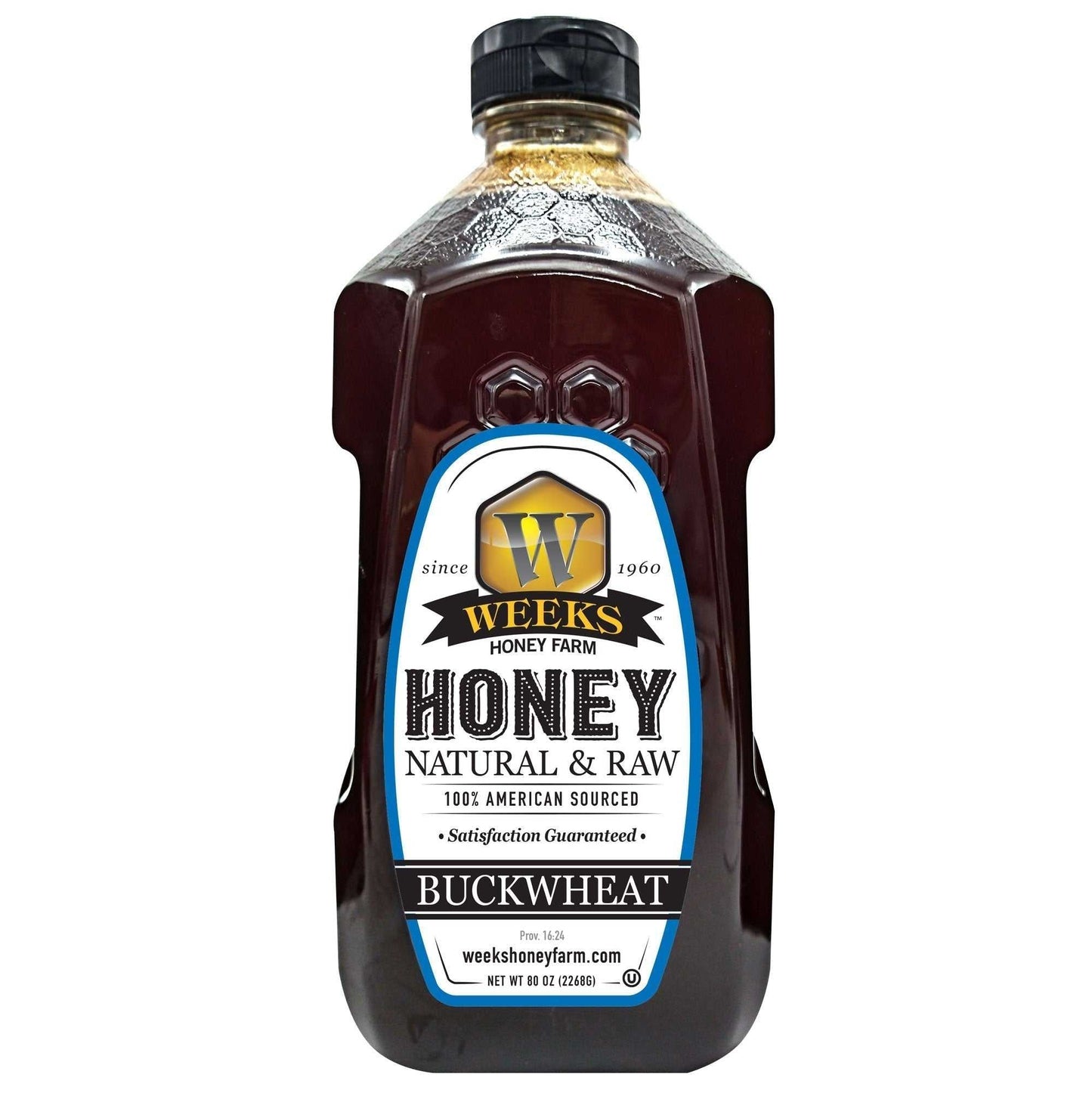 Weeks Raw Buckwheat Honey from Weeks Honey Farm, 12 oz, all-natural, antioxidant-rich honey with dark, robust molasses flavor.