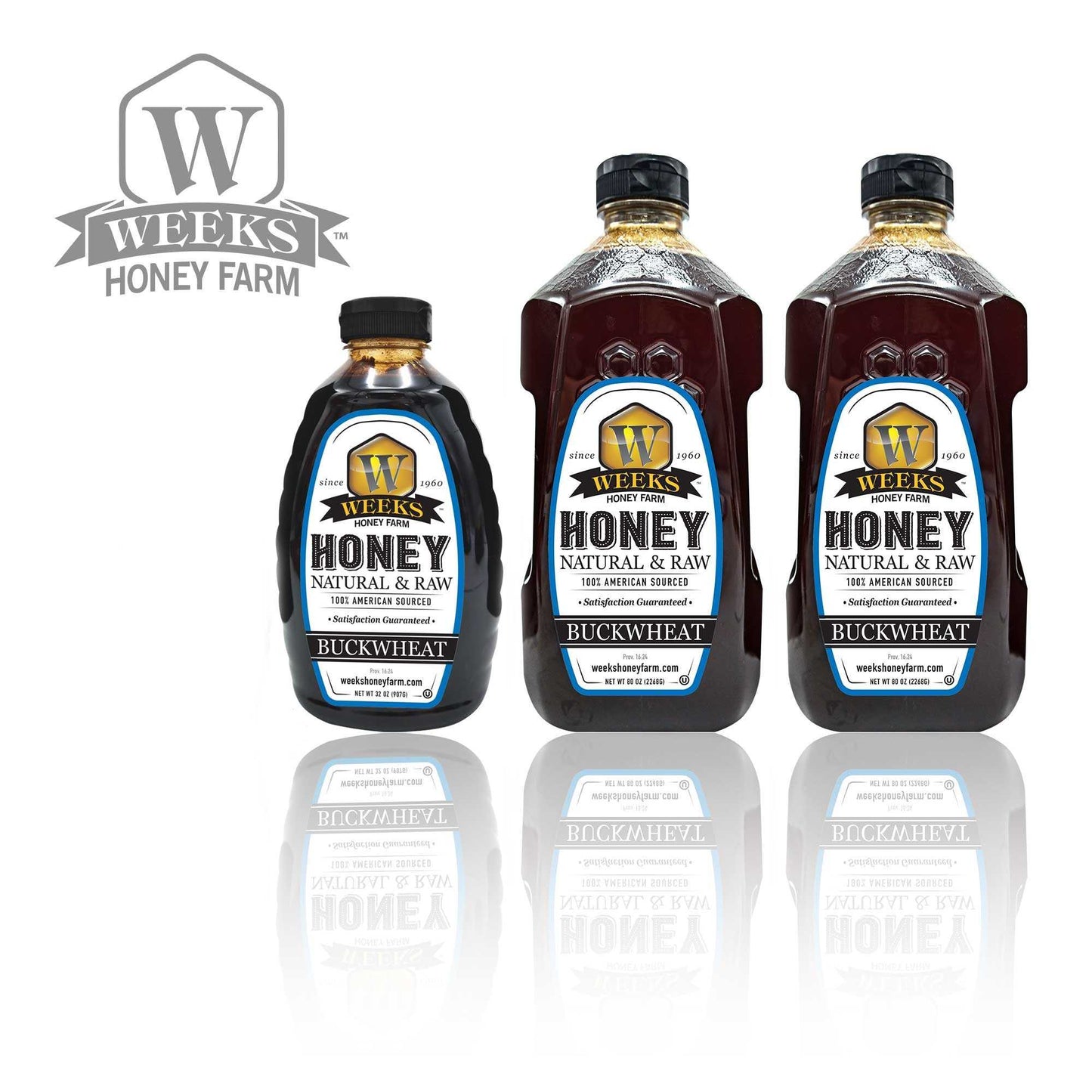 Weeks Raw Buckwheat Honey in a jar, dark and robust, all-natural honey with antioxidant-rich, molasses flavor for coffee, waffles, and BBQ