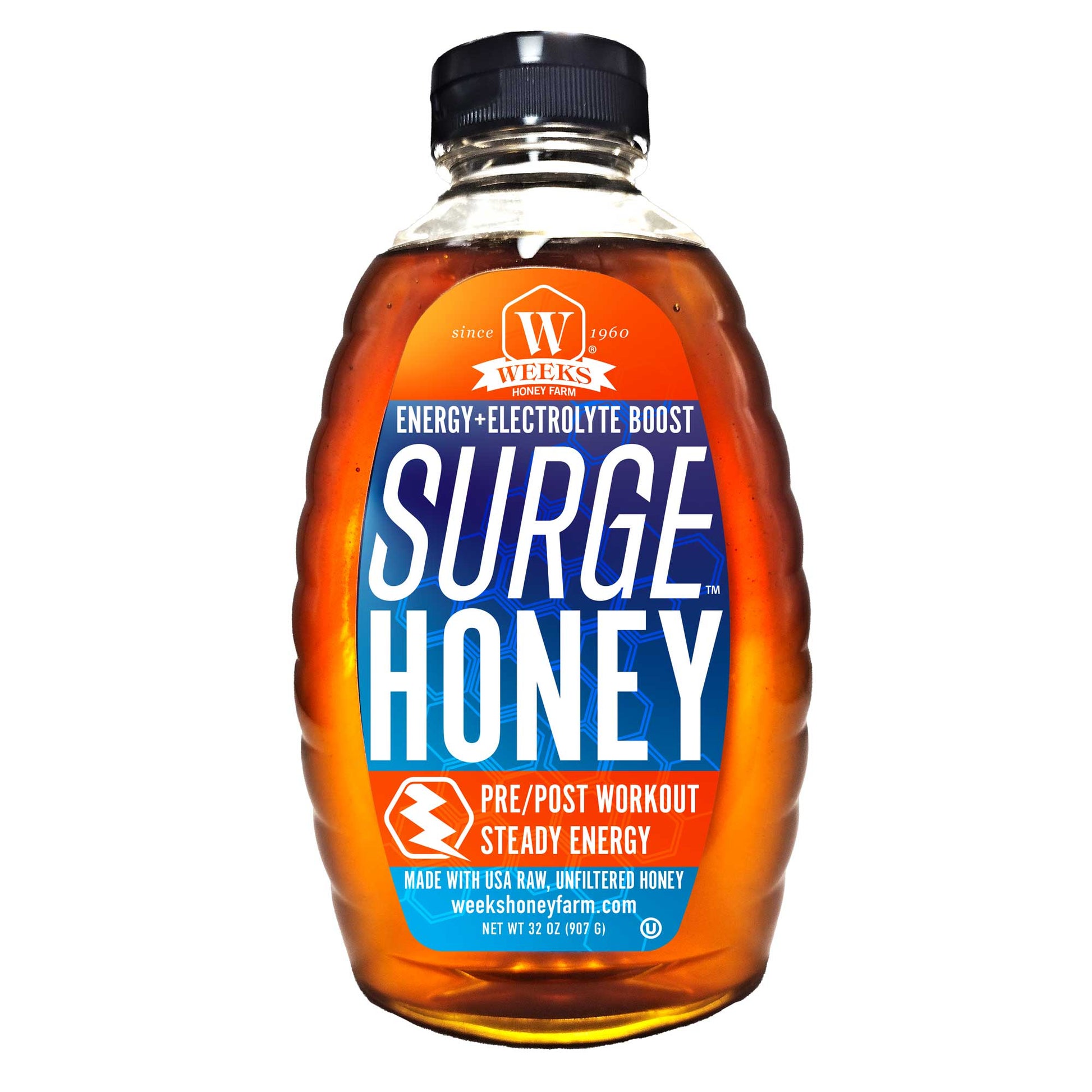 Weeks Honey Farm Surge Honey, 16 oz, natural honey infused to energize and boost electrolytes for pre and post workouts.
