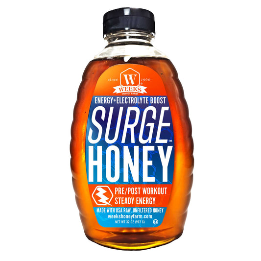 Weeks Honey Farm Surge Honey, 16 oz, natural honey infused to energize and boost electrolytes for pre and post workouts.