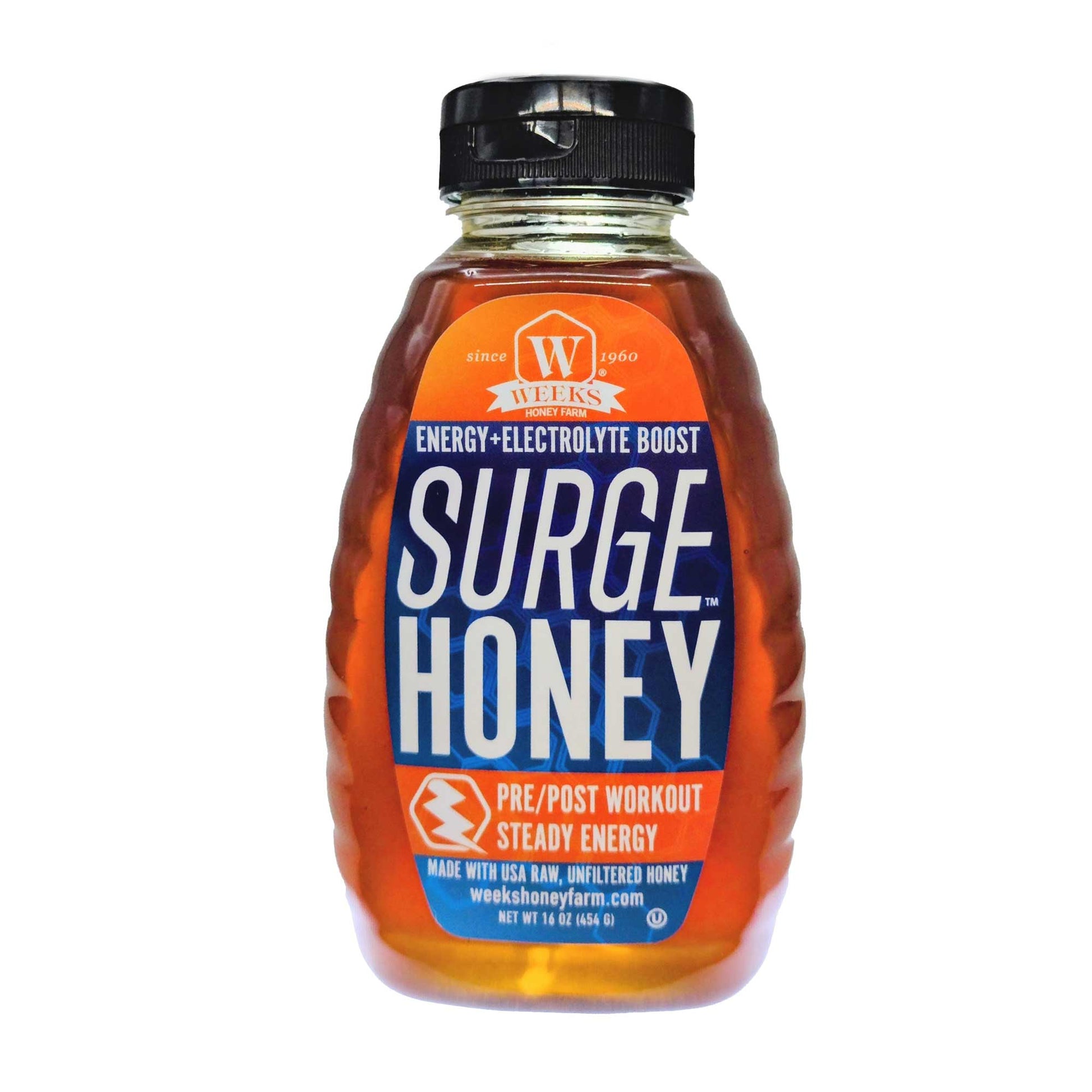 Weeks Honey Farm Surge Honey in 16 ounces, natural honey designed to energize and boost electrolytes for pre- and post-workout.