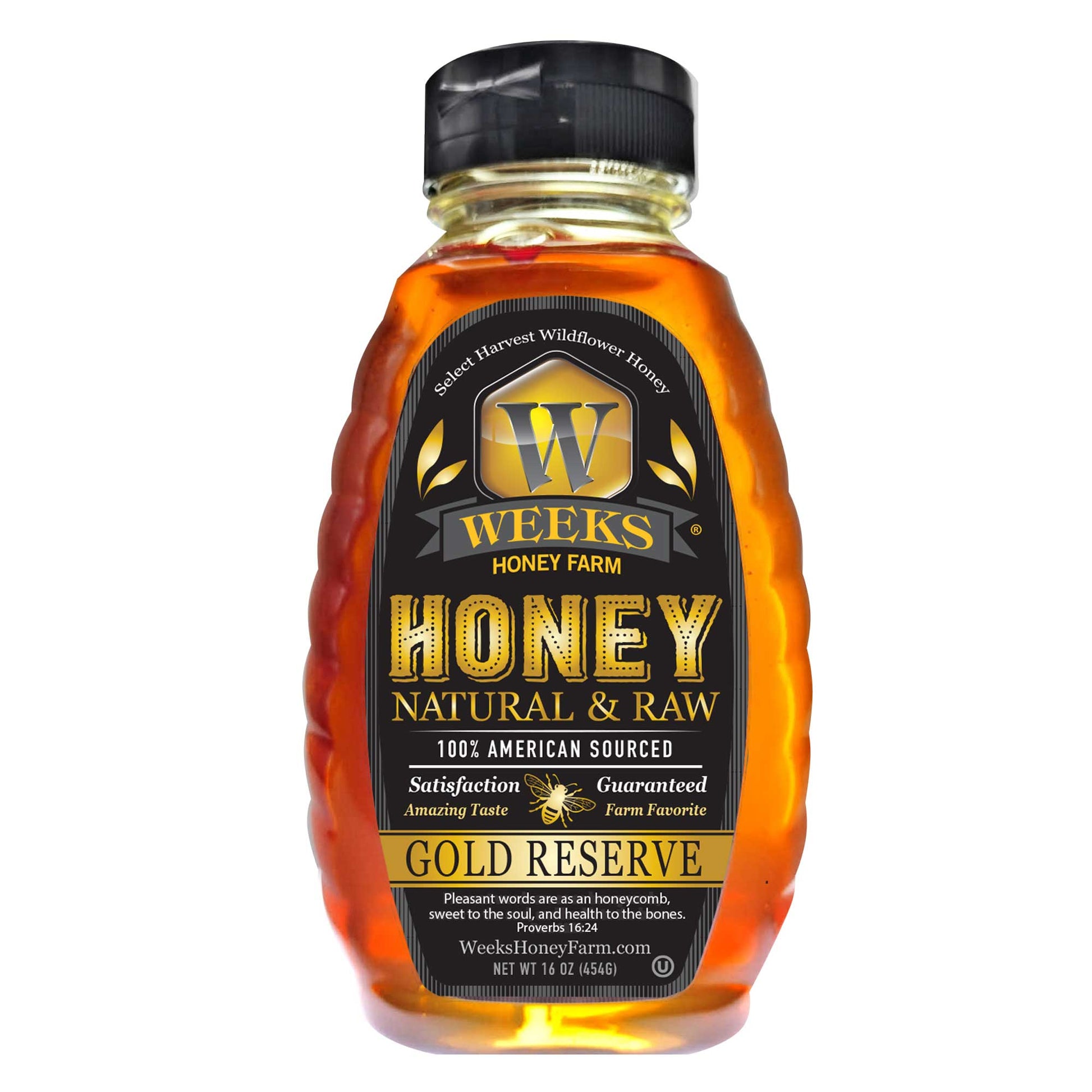 Weeks Raw Gold Reserve Honey from Georgia, 16 oz jar, unfiltered natural honey with golden color and natural honeycomb texture.