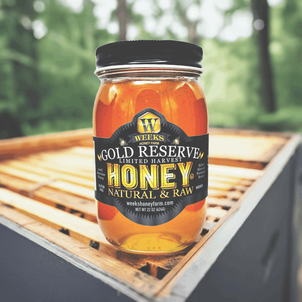 Jar of Weeks Raw Gold Reserve Honey from Georgia, unfiltered and natural, with golden honey visible in a clear glass jar.
