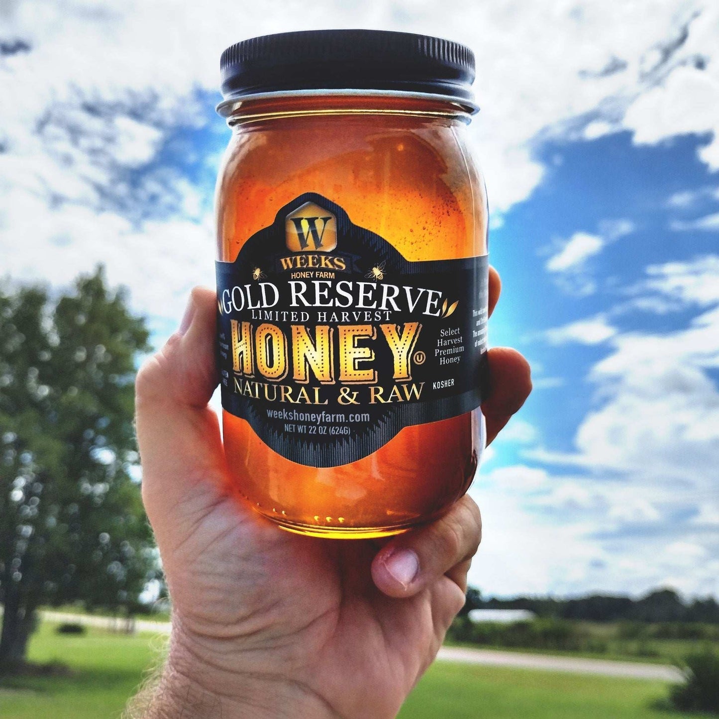 Jar of Weeks Raw Gold Reserve Honey from Georgia with a golden hue, labeled as special edition unfiltered natural honey on the jar