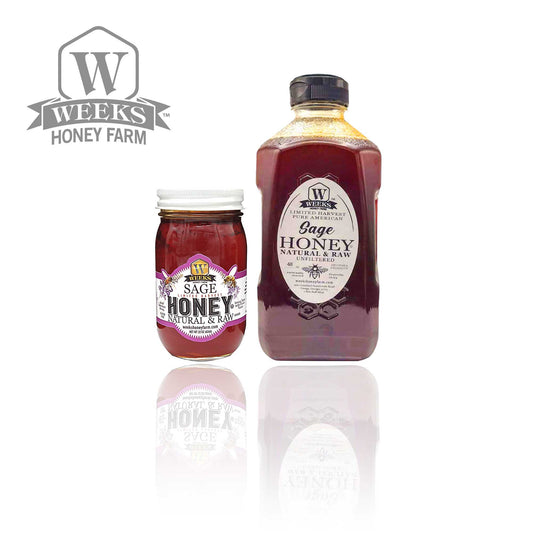 16-ounce jar of Weeks Honey Farm all-natural raw sage honey showing golden honey in a jar with a honey dipper.